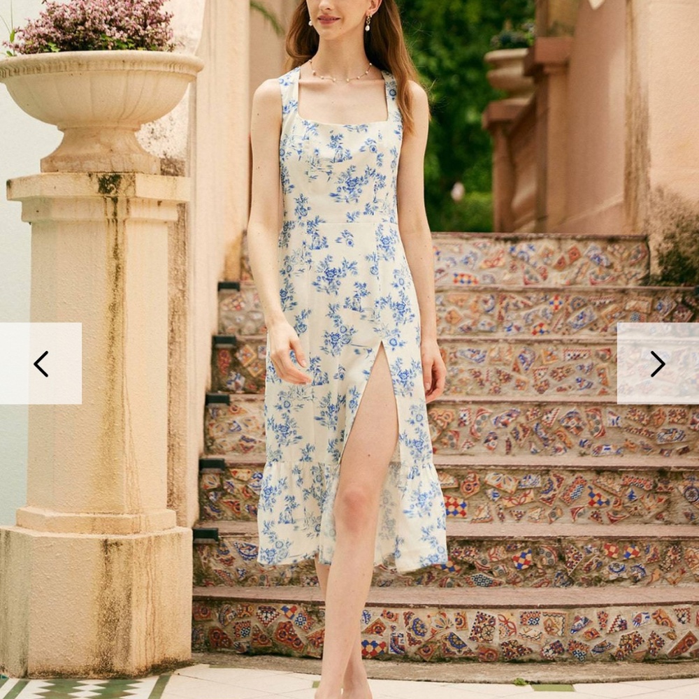 Square Neck Ruffle Trim Midi Dress (S)